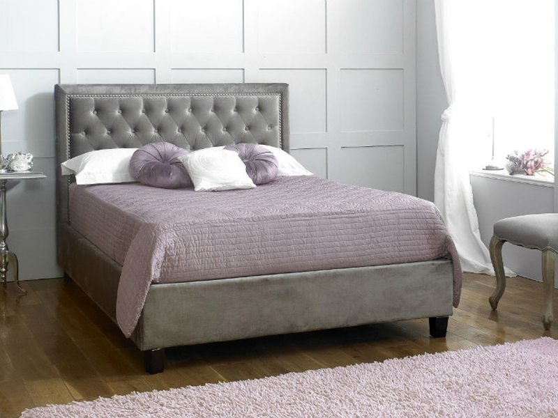 Ashdown bedstead in silver velvet finish fabric