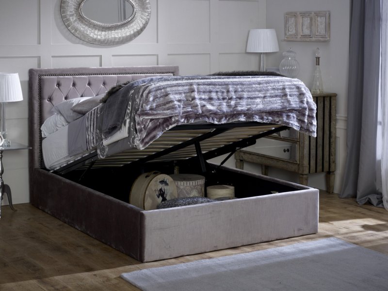 Ashdown Ottoman storage bedstead in silver velvet finish fabric